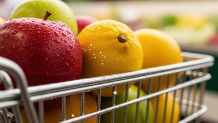 Fresh and vibrant fruit selection in a grocery cart ready for healthy living for marketing