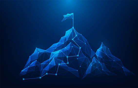 business mountain route to success flag on peak low poly wireframe background. mission achievement concept. vector illustration fantastic technology.