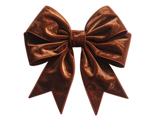 Close-up of a large, brown velvet bow, isolated on a stark black background
