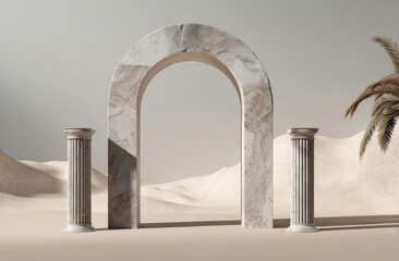 Architectural archway and columns in a desert landscape.