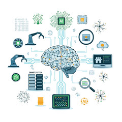 Illustration of a brain with various technology and innovation icons, including gears, circuits, and devices, on a white background with a futuristic and informative mood.