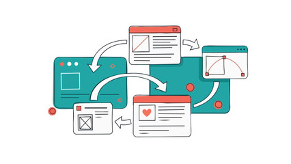 Web pages with arrows showing data flow and interaction between different online elements.