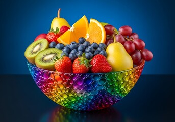 Vibrant rainbow bowl filled with assorted fresh fruits including strawberries blueberries grapes kiwi orange slices