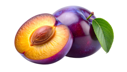 Two plums, one halved revealing the pit, with a leaf, all against a dark background