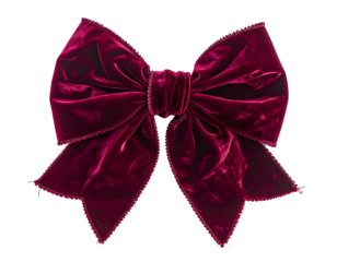 Luxurious, vibrant burgundy velvet bow with detailed folds and edges against a black backdrop