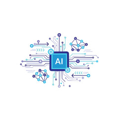 Flat design illustration of a blue AI chip surrounded by circuit lines, nodes and arrows on a white background with a futuristic and technological mood.