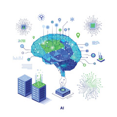 Illustration of a brain with a map of the Earth inside, surrounded by various technological and scientific symbols and icons, with a robotic arm emerging from it to interact with a computer