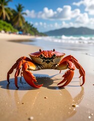 Vivid red crab on a sandy beach with ocean waves
