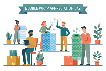 Celebrating Bubble Wrap Appreciation Day with a diverse group of people enjoying the fun and excitement of popping bubbles amidst lively colors.