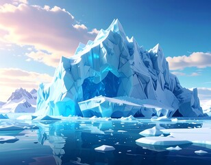 Vivid rendering of an immense iceberg floating in calm, reflective waters