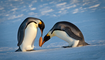 Penguin Pebble: Two Emperor Penguins Bowing To Each Other In The Snow, One Offering A Smooth Pebble (a Symbol Of Penguin Love). Icy Blue Background, Cinematic Lighting, National Geographic Style But C