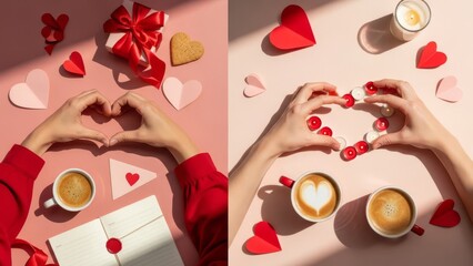 Hands forming heart shapes around coffee cups amidst hearts and gift on pink surface