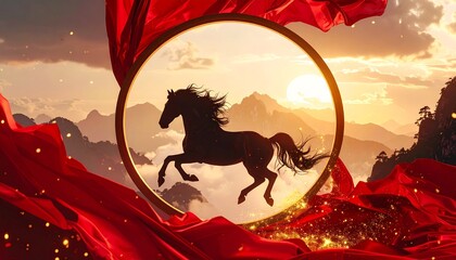 Majestic horse silhouette running freely in sunset mountain landscape