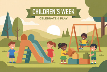 Children playing joyfully at a park during Children's Week, diversity in age and ethnicity