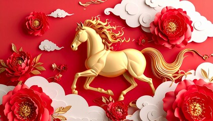 Golden horse running amidst red flowers and white clouds