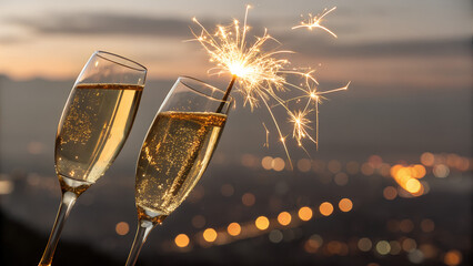 2026, Silvester Party, happy New Year, New Year's eve party festival background banner greeting card - Two champagne glasses clinking and sparkler on night sky