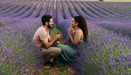 Proposal Moment: A Man On One Knee In A Field Of Lavender, Holding A Ring Box. The Woman Looks Surprised And Happy. Soft Purple And Green Color Palette, Natural Lighting, Sharp Focus On The Couple.