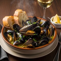 Mussels in a bowl with bread and white wine on a table