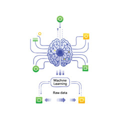 Infographic illustration of a blue brain with multicolored data flow and machine learning concept on a white background.