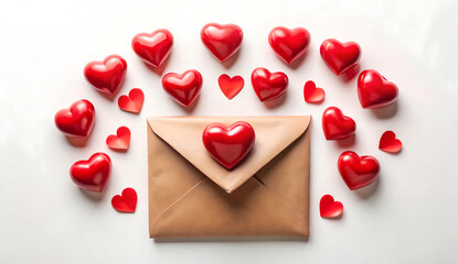 Closed envelope made of Kraft paper and red hearts on a blue background.Valentines day concept.