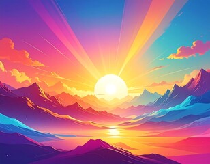 Vivid sunrise over majestic mountains and a tranquil lake