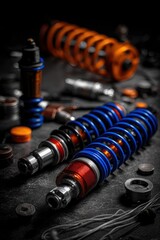 High-performance Car Suspension Shock Absorbers and Springs on Dark Background