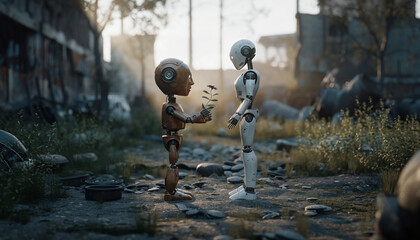 Robot Romance: A Cute, Small Rusty Robot Handing A Metal Flower To Another Sleek Robot. Wall-e Aesthetic. Post-apocalyptic But Hopeful Setting With A Single Ray Of Sunlight.