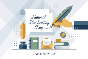 Hand holds a quill pen writes 'National Handwriting Day' on a parchment paper, surrounded by ink, notebooks, and stationery.