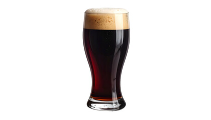 A tall, slender glass filled with dark, frothy beer, against a black backdrop