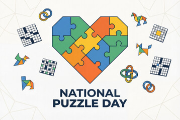 Colorful puzzle heart design celebrating National Puzzle Day with various puzzle designs scattered around the text, creating a fun and engaging theme.