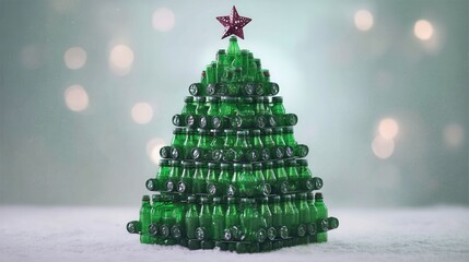 christmas day in eco friendly concept. Festive tree made of green bottles with a star on top.