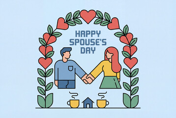 Cheerful illustration featuring a man and woman holding hands under a floral arch, celebrating Spouse's Day with warmth and affection