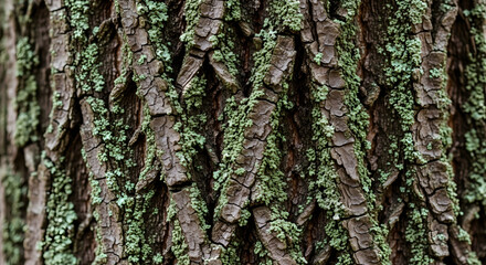Fototapeta premium Natural tree bark texture with green lichen and moss growth
