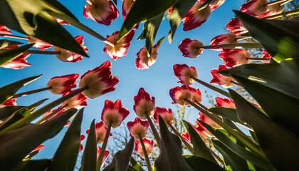 Tulip Garden: A Low-angle Shot From The Ground Looking Up At Red And White Tulips Against A Bright Blue Sky. Sunlight Filtering Through The Translucent Petals.