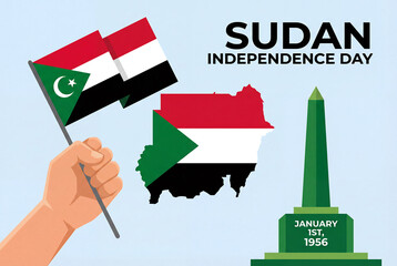 Hand proudly holds flags representing Sudan's independence, with a monument and date highlighting Sudan Independence Day on January 1st, 1956.