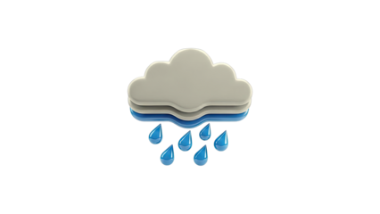 Stylized 3D icon of a gray rain cloud with blue raindrops