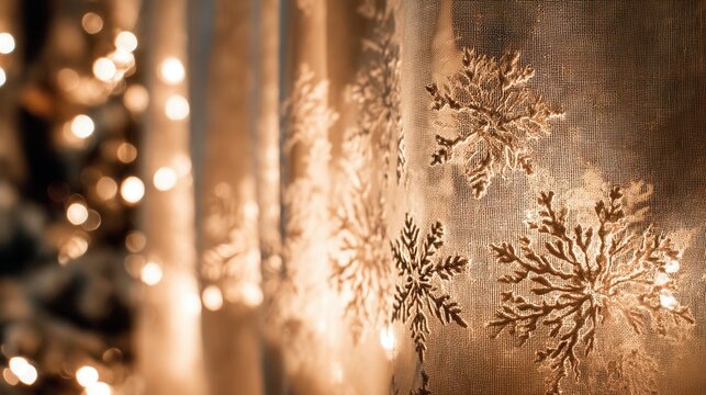 christmas day in eco friendly concept. Delicate curtains with snowflake patterns and warm bokeh lights.