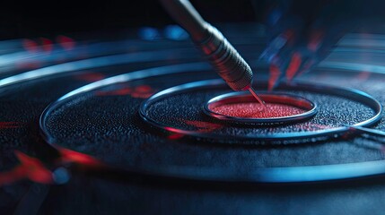 Precision tool interacts with granular material in a detailed scientific setup.