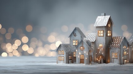 christmas day in eco friendly concept. Festive village scene with wooden houses and soft bokeh background.