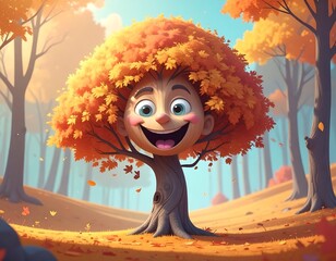 Whimsical cartoon tree with a smiling face, in a sunny autumn forest