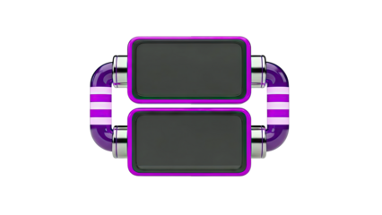 Two blank screens connected by purple striped tubes