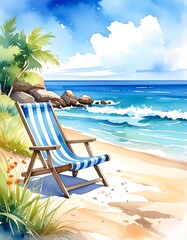 Watercolor depiction of a beach scene with a chair, ocean, and sky