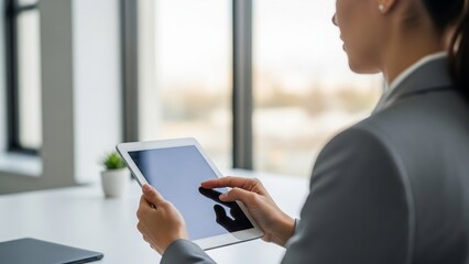 Woman in a business setting using a tablet with a stylus in a modern office environment viewed from behind
