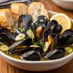 Delicious bowl of mussels with lemon and bread on wooden table