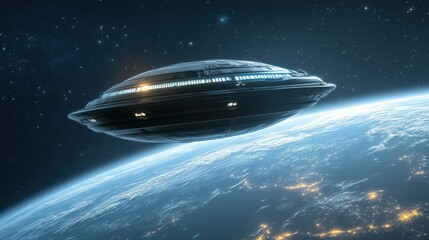Obraz premium Unidentified Flying Object over Earth: A sleek, mysterious Unidentified Flying Object (UFO) hovers silently in the vastness of space above a vibrant, awe-inspiring earth.