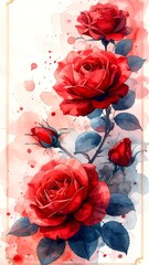 Watercolor depiction of vibrant red roses on a branch, in a vertical arrangement