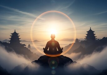 Serene man meditates on mountain peak at sunrise surrounded by misty pagodas and a glowing aura with meditation