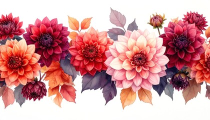Watercolor floral border with vibrant dahlias, leaves and buds