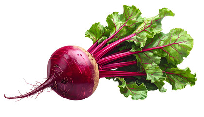 Vibrant red beet with green and red veined leaves, isolated on a black background