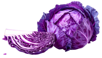 A whole and sliced head of vivid purple cabbage isolated against a black backdrop